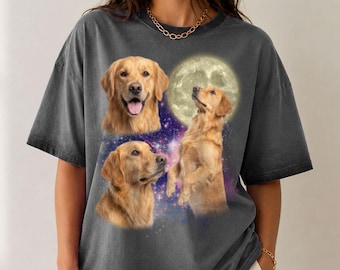 Custom Photo Three Golden Retriever Moon Gradient Washed Oversize T-Shirt, Vintage Washed Dog Tee, Funny Dog Lover Gift
