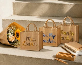 Personalized Crochet Letter Burlap Crochet Teacher Tote Bag, Custom Text Burlap Teacher Tote, Back to School Tote Bag