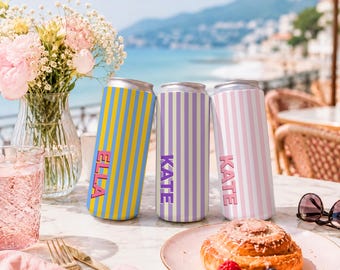 Custom Name Striped Can Cooler, Personalized Pastel Slim Can Sleeve, Bachelorette Party Favors