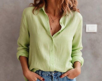 Avocado Light Green Linen Cotton Oversized Shirt, Relaxed Fit, Fishtail Hem Blouse