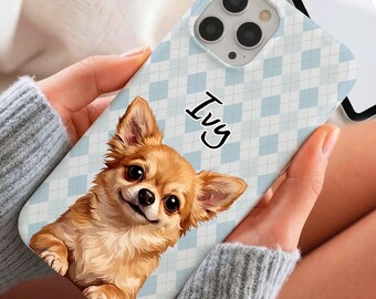Baby Blue Plaid Dog Phone Case, Personalized Puppy Cover, Cute Pet Lover Gift