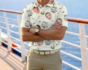 Ivory Best Dad By Par Polo Shirt, Personalized Short Sleeve Golf Lover Shirt, Dad Birthday, Custom Kid Face Photo Portrait