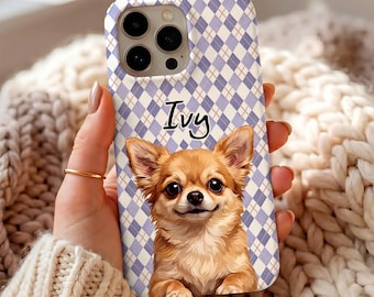 Purple Argyle Dog Phone Case, Vintage Plaid Puppy Cover, Cute Pet Lover Gift