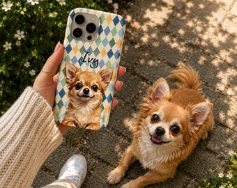 Custom Chihuahua Phone Case, Personalized Pet Portrait Cover, Argyle Pattern Dog Case