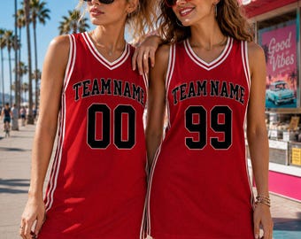 Personalized Team Name and Number Basketball Sleeveless Jersey Dress, Custom Red Basketball Jersey Dress, Basketball Team Jersey