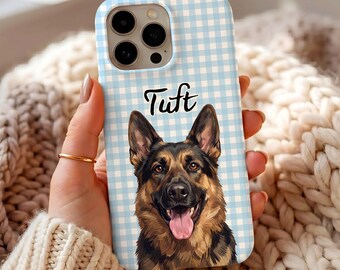 Custom Photo Dog Gingham Phone Case, Blue Checkered Puppy Cat Cover, Personalized Dog Cat Lover Gift
