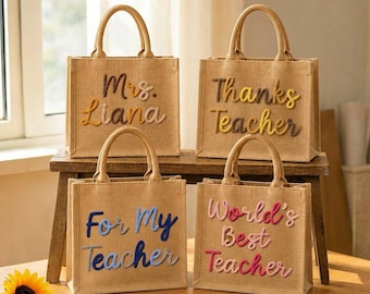 Custom Name Teacher Burlap Crochet Tote Bag, Personalized Burlap Tote Bag, Back to School Tote Bag