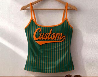 Personalized Green Orange Stripe Spaghetti Strap Tank Top, Y2K Summer Shirt