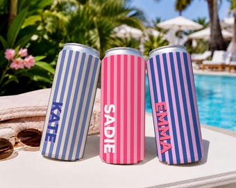 Can CoolerPersonalized Striped Can Cooler, Custom Name Drink Sleeve, Pastel Bachelorette Party Favors