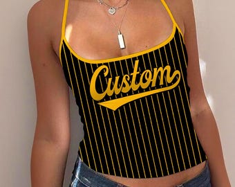 Custom Black Yellow Y2K Tank Stripe Line Spaghetti Strap Tank Top, Personalized University Name Top, Gift for Graduation 2026