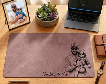 Dad Holding His Son Leather Desk Mat, Personalized Father’s Day Mouse Pad, Custom Dad Office Desk Gift