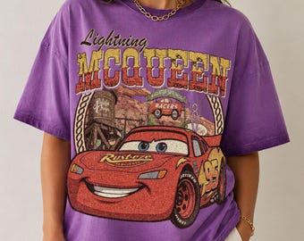 Lightning McQueen Gradient Washed Oversize T-Shirt, Western Cars Movie Tee, Disney Vacation Shirt