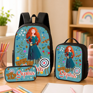 May include: A black backpack, lunch bag, and pencil case set featuring a light blue background with a cartoon character with long red hair, three small brown bears, a target, and the name Sophia written in a red script font on each item.