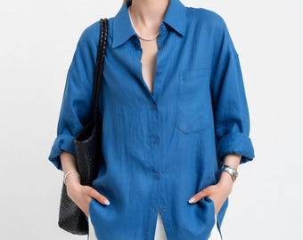 Cobalt Blue Linen Cotton Oversized Shirt, Relaxed Fit, Fishtail Hem Blouse