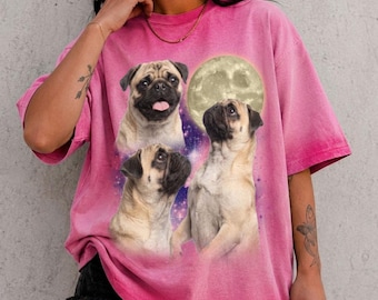 Custom Photo Three Pug MoonGradient Washed Oversize T-Shirt, Vintage Washed Dog Tee, Funny Pug Lover Gift