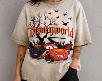 Lightning McQueen Vampire Dracula Disney World Park Gradient Washed Oversize Shirt, Spooky Dracula Cars Shirt, Disney World Halloween Shirt