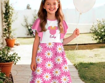 Custom Name Minnie Daisy Flower Light Pink Ruffle Dress, Magical Kingdom Summer Dress, Disneyland Vacation Trip 2026