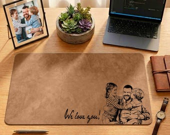 Father And Son Daughter Leather Desk Mat, Personalized Family Mouse Pad, Meaningful Father’s Day Office Gift