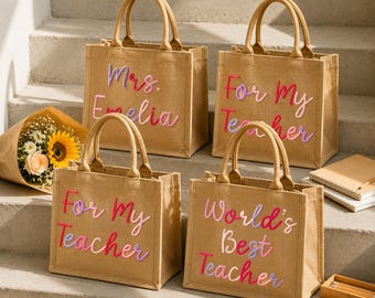 Custom Jute Tote Bag, Personalized Teacher Burlap Tote, Back to School Teacher Gift