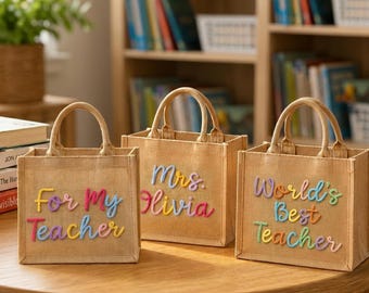 Personalized Teacher Jute Bag, Custom Crochet Name Tote, Cute Teacher Gift
