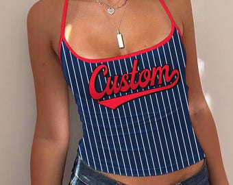 Custom Red Navy Y2K Tank Stripe Line Spaghetti Strap Tank Top, Personalized University Name Top, Gift for Graduation 2026