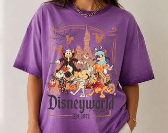 Disneyworld Halloween Gradient Washed Oversize T-Shirt, Mickey Minnie Pluto Goofy Halloween Tee