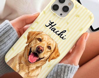Cute Yellow Stripe Pet Phone Case Custom, Dog Cat Portrait Cover with Name, Aesthetic Gift