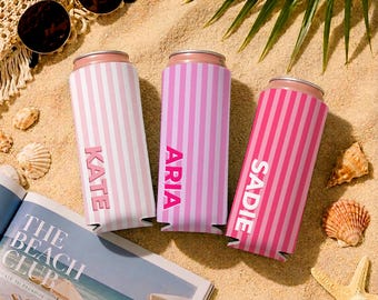 Retro Striped Can Cooler with Name, Pastel Drink Insulator, Custom Drink Holder