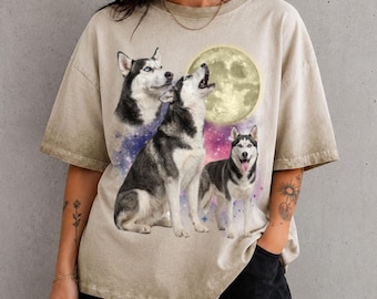 Custom Photo Three Husky Moon Oversized Shirt, Vintage Washed Siberian Husky Tee, Funny Dog Lover Gift