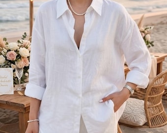 White Linen Cotton Oversized Shirt, Relaxed Fit Fishtail Hem Blouse, Minimalist Loose Top