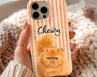 Funda personalizada para teléfono con diseño de gato persa naranja y nombre, funda estética con estampado de gato a rayas color melocotón, retrato de gato jengibre en acuarela, regalo estético y adorable.