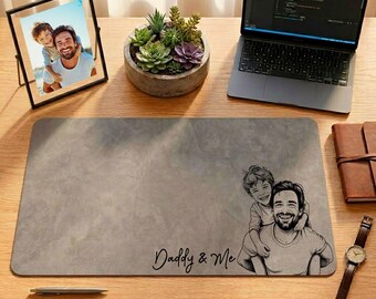 Father Carrying His Son Leather Desk Mat, Personalized  Dad Office Desk, Father’s Day Gift