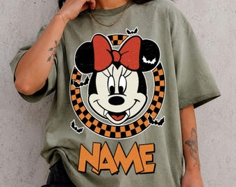 Personalized Black Minnie Gradient Washed Oversize T-Shirt, Vampire Minnie Checkered Tee, Disney Halloween Shirt