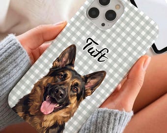 Custom Dog & Cat Pink Plaid Phone Case, Personalized Gingham Dog Portrait Cover, Cute Aesthetic Gift