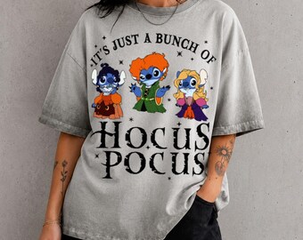 Stitch Hocus Pocus Gradient Washed Oversize T-Shirt, Cute Alien Witch Graphic Tee, Disney Halloween Shirt