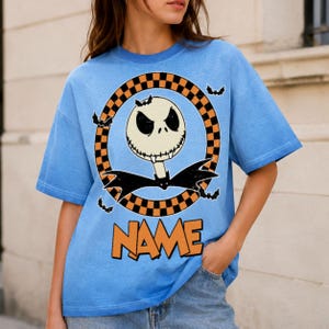 Custom Name Jack Skellington Gradient Washed Oversize Shirt, Vintage Checkered Board Nightmare Before Christmas Shirt, Disney Halloween 2026 image 4