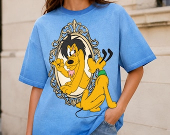 Pluto Scar Dog Mirror Gradient Washed Oversize T-Shirt, Vintage Streetwear Cotton Tee