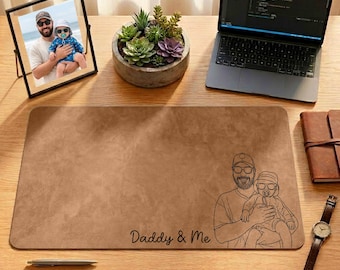 Personalized Dad And Son Leather Desk Mat, Custom Photo Mouse Pad, Father’s Day Gift for Dad