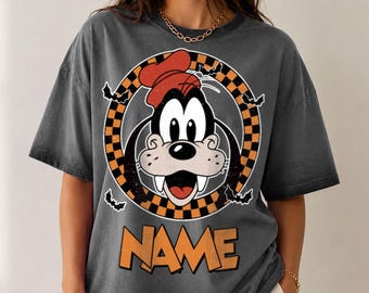 Personalized Goofy Halloween Gradient Washed Oversize T-Shirt, Vintage Checkered Board Disney Shirt, Disney Halloween Shirt