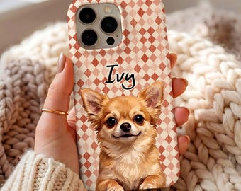 Personalized Dog Phone Case, Neutral Pink Checkered Puppy Cover, Cute Aesthetic Gift