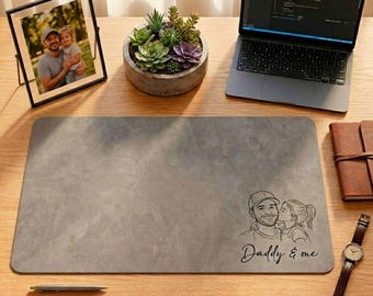Personalized Father Son Daughter Gray Leather Desk Mat, Custom Family Mouse Pad, Meaningful Gift For Dad