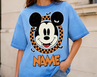 Personalized Black Mickey Gradient Washed Oversize T-Shirt, Vampire Mickey Checkered Tee, Disney Halloween Shirt