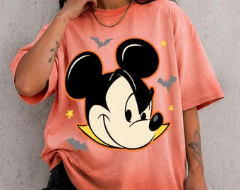 Mickey Big Face Halloween Gradient Washed Oversize T-Shirt, Retro Washed Graphic T-Shirt, Spooky Disney Halloween Shirt
