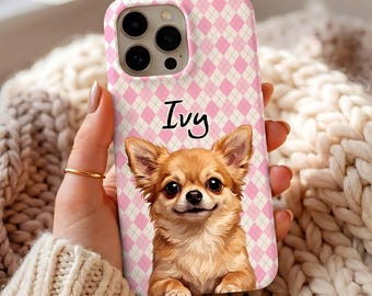 Pink Argyle Dog Phone Case, Cute Puppy Plaid Cover, Aesthetic Pet Lover Gift