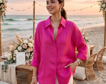 Lotus Pink Linen Cotton Oversized Shirt, Relaxed Fit Fishtail Hem Blouse, Minimalist Loose Top