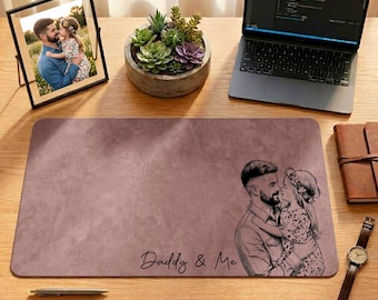 Custom Father Son Leather Desk Mat, Dad Kissing Boy Mouse Pad, Meaningful Father’s Day Gift For Him