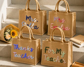 Personalized Burlap Tote Bag for Teacher, Custom Crochet Name Jute Bag, World's Best Teacher Gift