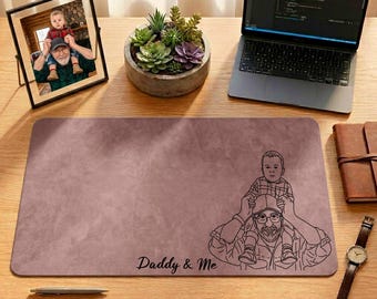 Custom Dad Carrying Son Mouse Pad, Personalized Leather Desk Mat, Meaningful Family Gift