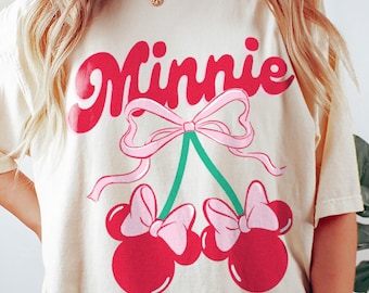 Camiseta Minnie Cherry rosa claro con lazo, color cómodo, camiseta Minnie Mouse linda, camiseta suave para niña, viaje de vacaciones familiares 2026
