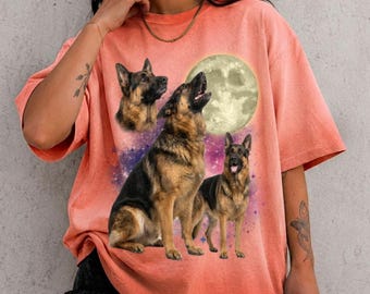 Custom Photo Three German Shepherd Moon Gradient Washed Oversize T-Shirt, Vintage Washed GSD Tee, Funny Dog Lover Gift